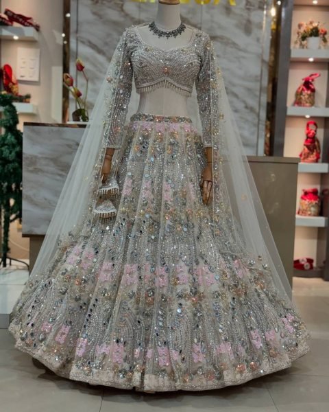 Impressive White Mirror Embroidered Lehenga Set with 4 Meter Flair at Wholesale Rate Bridal Lehenga Choli