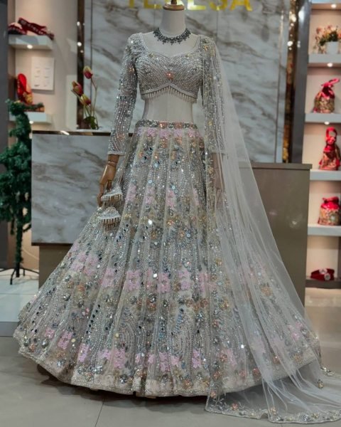 Impressive White Mirror Embroidered Lehenga Set with 4 Meter Flair at Wholesale Rate Bridal Lehenga Choli
