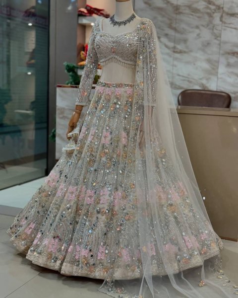 Impressive White Mirror Embroidered Lehenga Set with 4 Meter Flair at Wholesale Rate Bridal Lehenga Choli