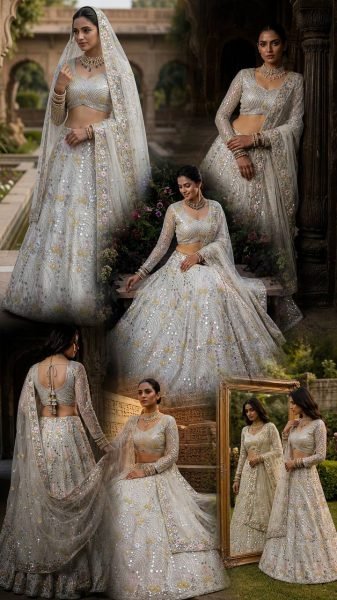 Impressive White Mirror Embroidered Lehenga Set with 4 Meter Flair at Wholesale Rate Bridal Lehenga Choli