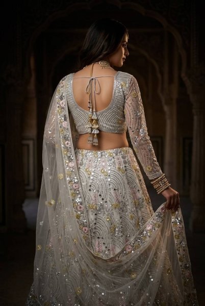 Impressive White Mirror Embroidered Lehenga Set with 4 Meter Flair at Wholesale Rate Bridal Lehenga Choli