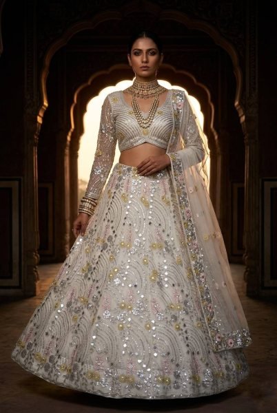 Impressive White Mirror Embroidered Lehenga Set with 4 Meter Flair at Wholesale Rate Bridal Lehenga Choli
