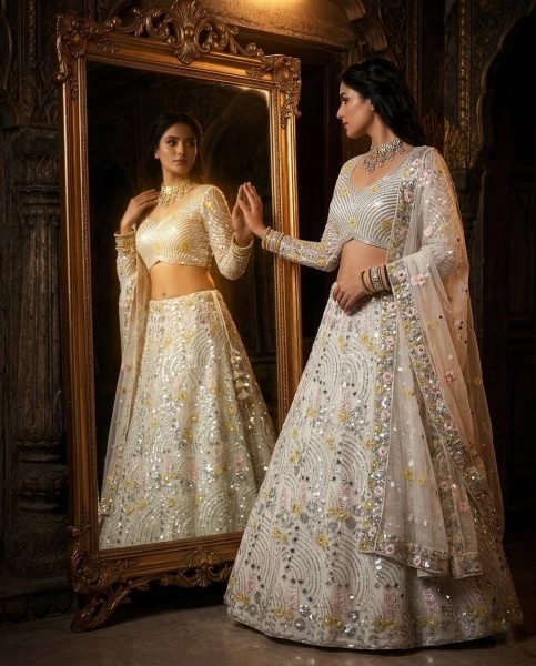 Impressive White Mirror Embroidered Lehenga Set with 4 Meter Flair at Wholesale Rate Bridal Lehenga Choli