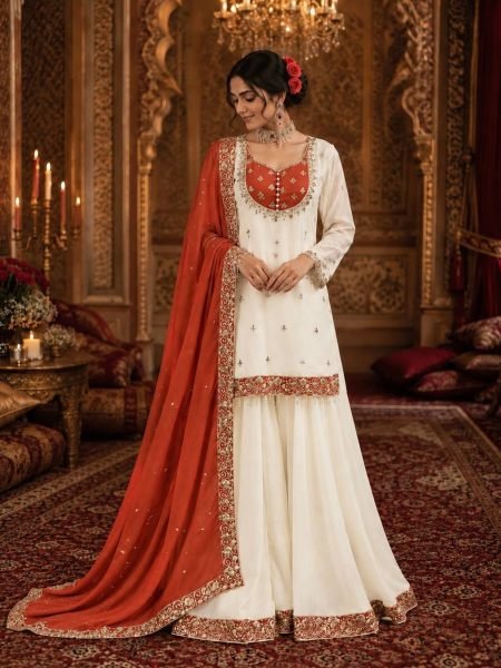 Impressive White Orange Pure Chinon Silk Embroidery Sequence Top Palazzo Dupatta Set Ready To Wear Suit
