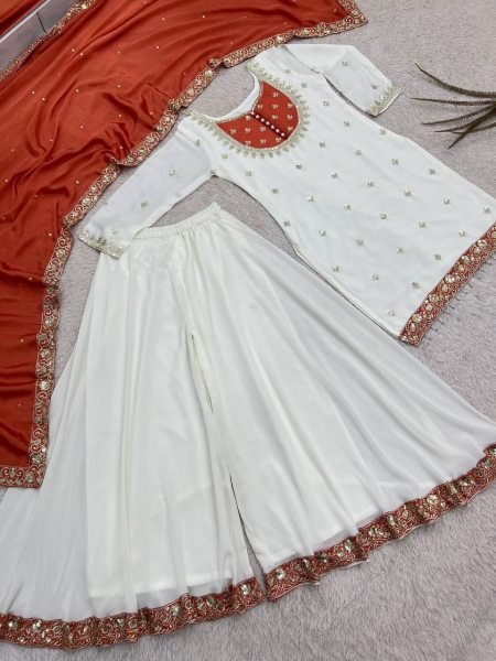 Impressive White Orange Pure Chinon Silk Embroidery Sequence Top Palazzo Dupatta Set Ready To Wear Collection