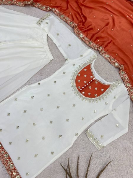 Impressive White Orange Pure Chinon Silk Embroidery Sequence Top Palazzo Dupatta Set Ready To Wear Collection