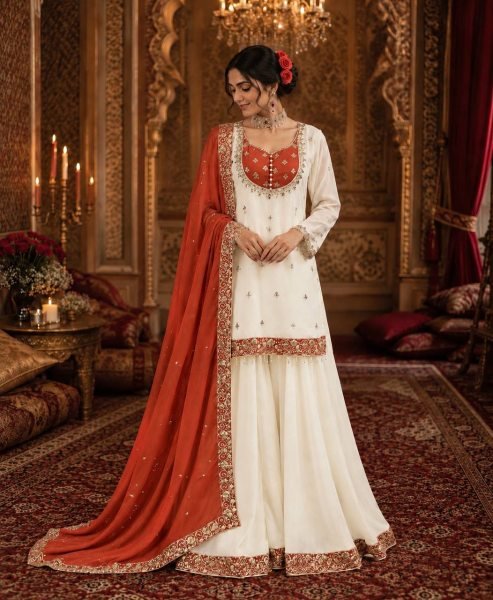 Impressive White Orange Pure Chinon Silk Embroidery Sequence Top Palazzo Dupatta Set Ready To Wear Collection