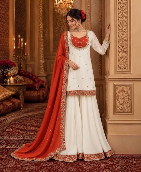 Impressive White Orange Pure Chinon Silk Embroidery Sequence Top Palazzo Dupatta Set Ready To Wear Collection