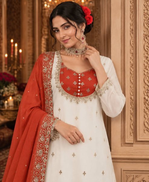 Impressive White Orange Pure Chinon Silk Embroidery Sequence Top Palazzo Dupatta Set Ready To Wear Collection
