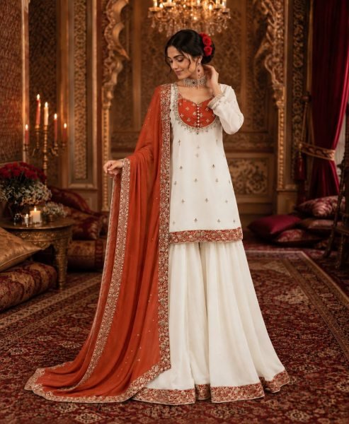 Impressive White Orange Pure Chinon Silk Embroidery Sequence Top Palazzo Dupatta Set Ready To Wear Collection