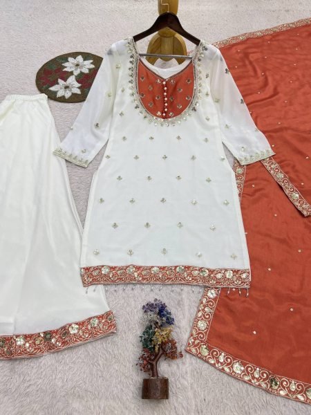 Impressive White Orange Pure Chinon Silk Embroidery Sequence Top Palazzo Dupatta Set Ready To Wear Collection
