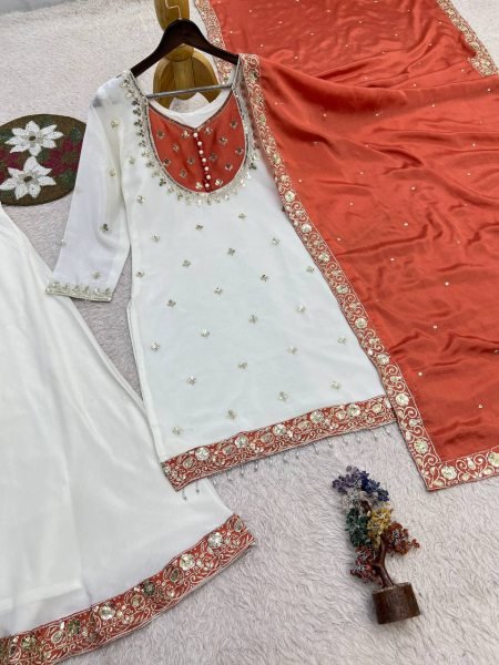 Impressive White Orange Pure Chinon Silk Embroidery Sequence Top Palazzo Dupatta Set Ready To Wear Collection