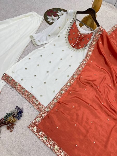 Impressive White Orange Pure Chinon Silk Embroidery Sequence Top Palazzo Dupatta Set Ready To Wear Collection