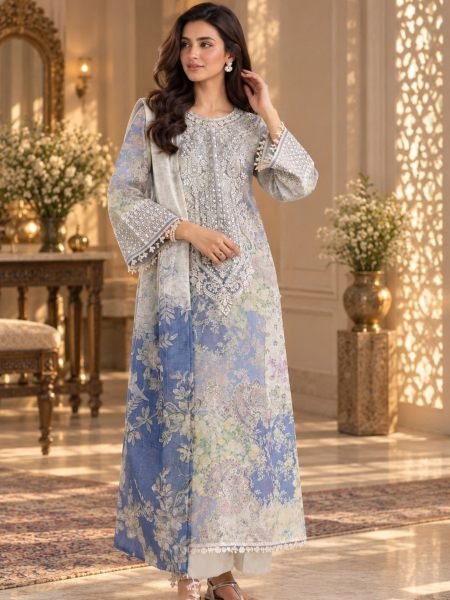 Impressive White Pakistani Lawn Suit Set with Printed Work and Lawn Bottom For Festival Salwar Kameez