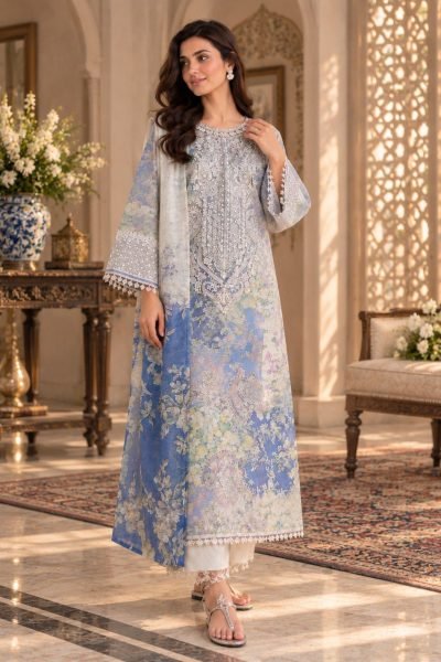 Impressive White Pakistani Lawn Suit Set with Printed Work and Lawn Bottom For Festival Pakistani Suits Wholesale