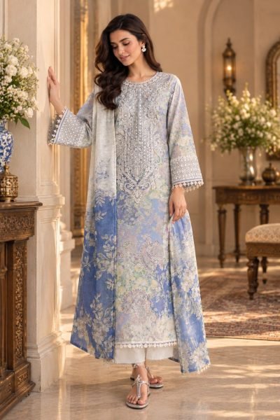 Impressive White Pakistani Lawn Suit Set with Printed Work and Lawn Bottom For Festival Pakistani Suits Wholesale