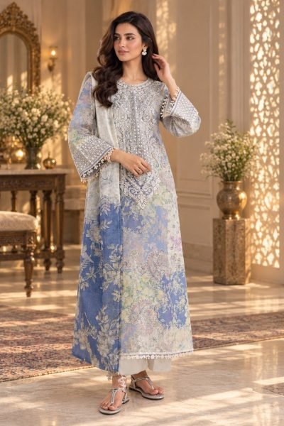 Impressive White Pakistani Lawn Suit Set with Printed Work and Lawn Bottom For Festival Pakistani Suits Wholesale