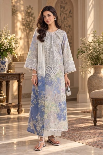 Impressive White Pakistani Lawn Suit Set with Printed Work and Lawn Bottom For Festival Pakistani Suits Wholesale