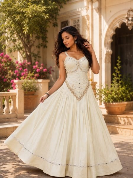 Impressive White Rayon Cotton Chaniya Choli with Stitched Mirror Work Blouse   Lehenga