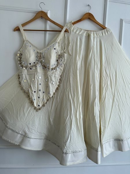 Impressive White Rayon Cotton Chaniya Choli with Stitched Mirror Work Blouse  Navratri Lehnega Choli