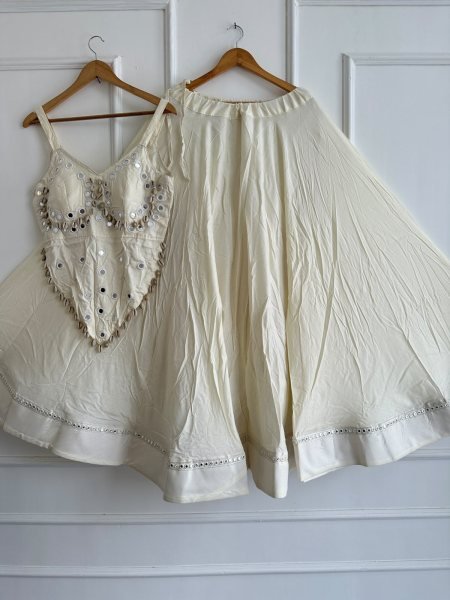 Impressive White Rayon Cotton Chaniya Choli with Stitched Mirror Work Blouse  Navratri Lehnega Choli
