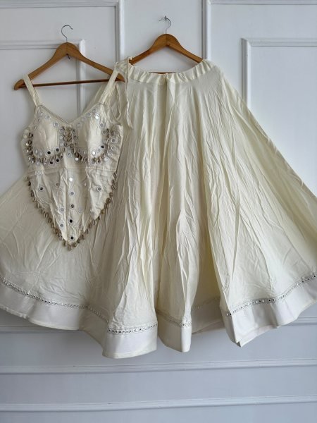 Impressive White Rayon Cotton Chaniya Choli with Stitched Mirror Work Blouse  Navratri Lehnega Choli