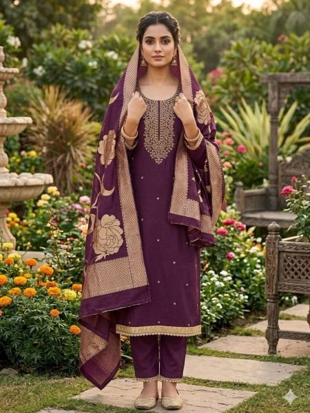 Impressive Wine Roman Silk Dress Material with Indian Santoon Bottom 