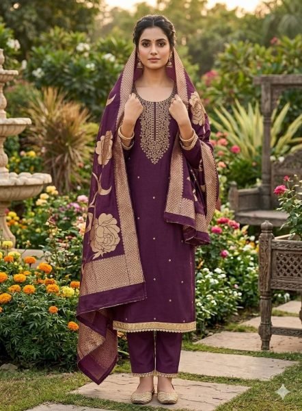 Impressive Wine Roman Silk Dress Material with Indian Santoon Bottom Color Set Matching Dress Material Wholesale