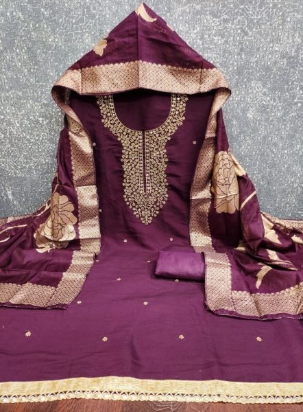 Impressive Wine Roman Silk Dress Material with Indian Santoon Bottom Color Set Matching Dress Material Wholesale