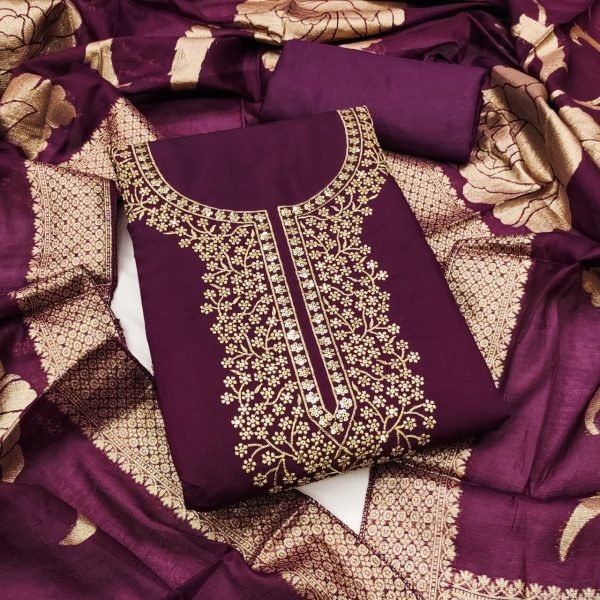 Impressive Wine Roman Silk Dress Material with Indian Santoon Bottom Color Set Matching Dress Material Wholesale