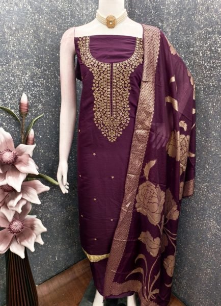 Impressive Wine Roman Silk Dress Material with Indian Santoon Bottom Color Set Matching Dress Material Wholesale