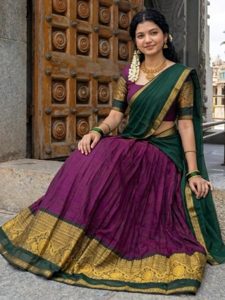 Impressive Wine South Indian Kanchi Cotton Lehenga Set with Traditional Zari Weaving  Lehenga