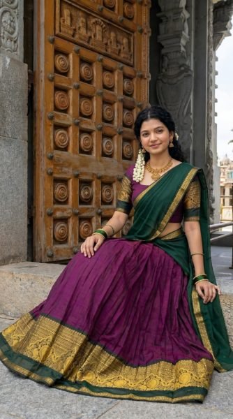 Impressive Wine South Indian Kanchi Cotton Lehenga Set with Traditional Zari Weaving Half Saree Lehenga