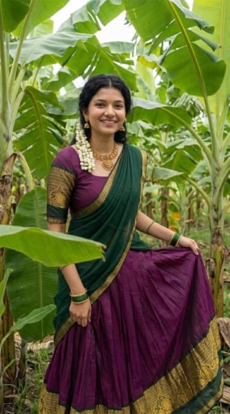 Impressive Wine South Indian Kanchi Cotton Lehenga Set with Traditional Zari Weaving Half Saree Lehenga