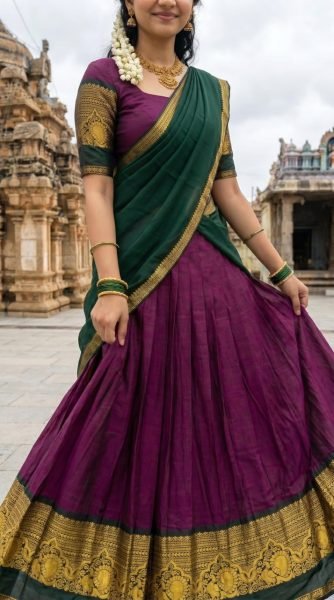 Impressive Wine South Indian Kanchi Cotton Lehenga Set with Traditional Zari Weaving Half Saree Lehenga
