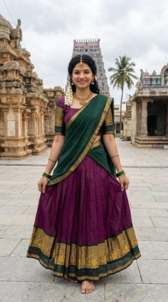 Impressive Wine South Indian Kanchi Cotton Lehenga Set with Traditional Zari Weaving Half Saree Lehenga