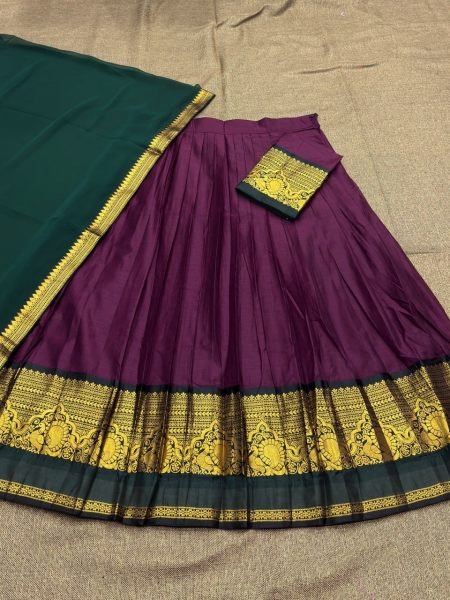 Impressive Wine South Indian Kanchi Cotton Lehenga Set with Traditional Zari Weaving Half Saree Lehenga