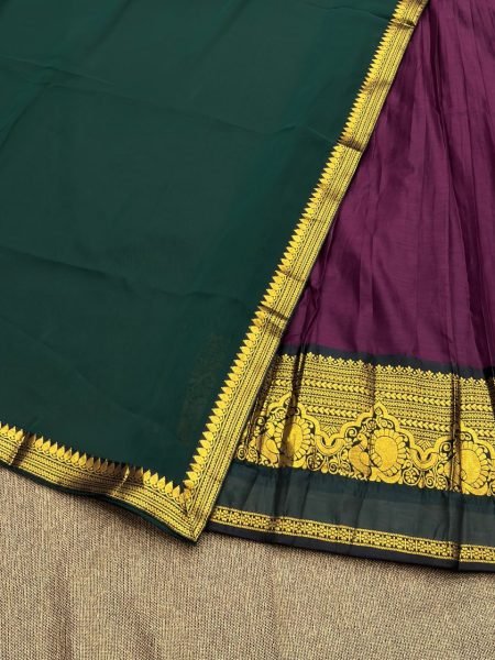 Impressive Wine South Indian Kanchi Cotton Lehenga Set with Traditional Zari Weaving Half Saree Lehenga