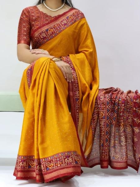 Impressive Yellow Mull Cotton Patola Print Saree with Sirovski Diamond And Zari Border  Sarees 