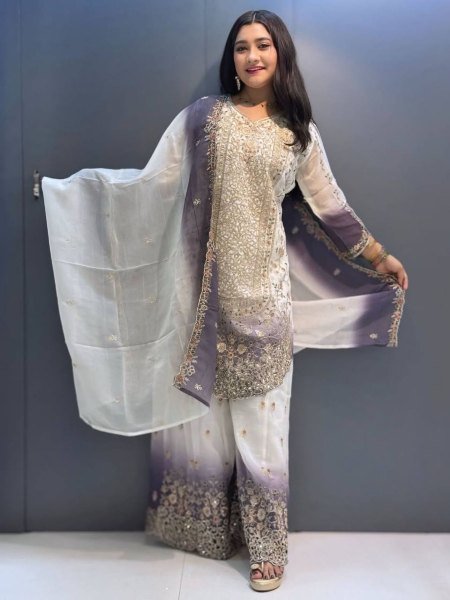 Indian Aesthetic Fashion Dual Tone Georgette Suit With Heavy Embroidered Palazzo And Dupatta Ready To Wear Suit