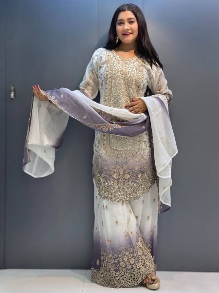 Indian Aesthetic Fashion Dual Tone Georgette Suit With Heavy Embroidered Palazzo And Dupatta Ready To Wear Collection