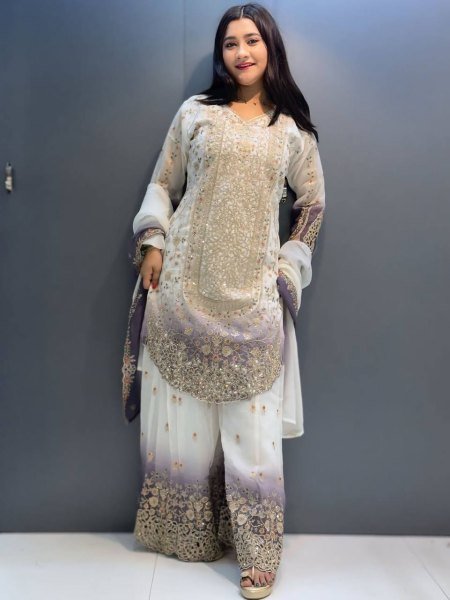 Indian Aesthetic Fashion Dual Tone Georgette Suit With Heavy Embroidered Palazzo And Dupatta Ready To Wear Collection