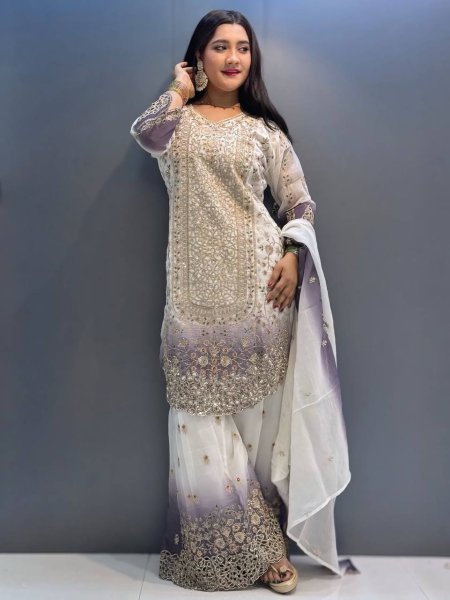 Indian Aesthetic Fashion Dual Tone Georgette Suit With Heavy Embroidered Palazzo And Dupatta Ready To Wear Collection