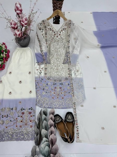 Indian Aesthetic Fashion Dual Tone Georgette Suit With Heavy Embroidered Palazzo And Dupatta Ready To Wear Collection