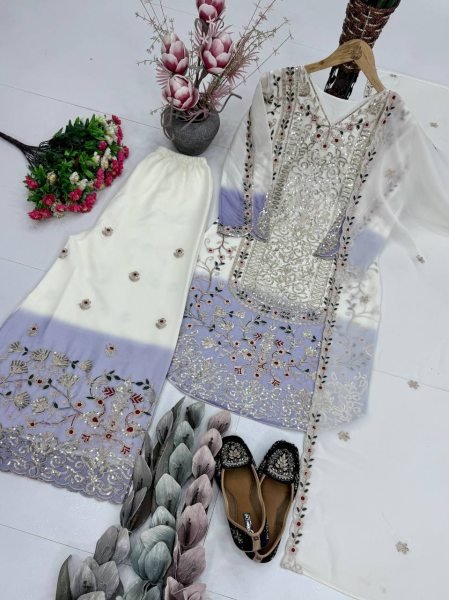 Indian Aesthetic Fashion Dual Tone Georgette Suit With Heavy Embroidered Palazzo And Dupatta Ready To Wear Collection