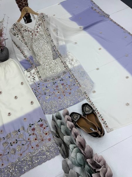 Indian Aesthetic Fashion Dual Tone Georgette Suit With Heavy Embroidered Palazzo And Dupatta Ready To Wear Collection