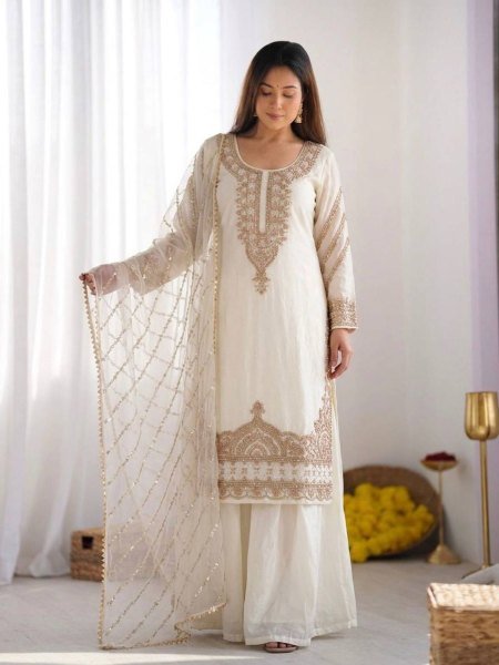 Indian beauty White Stylish Heavy Embroidered Work Kurti With Sharara And Dupatta Set Ready To Wear Suit
