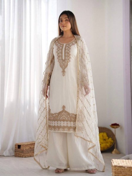 Indian beauty White Stylish Heavy Embroidered Work Kurti With Sharara And Dupatta Set Ready To Wear Collection