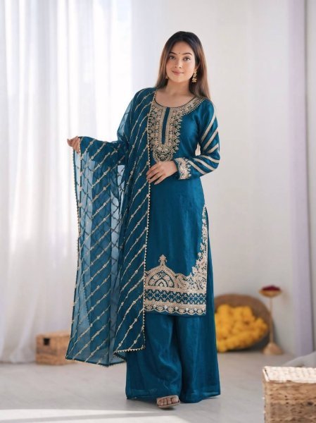 Teal Blue Fendy Silk Palazzo Dress with Beads Work and Full Flair Sharara  Ready To Wear Collection