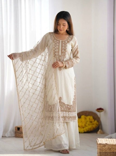 Indian beauty White Stylish Heavy Embroidered Work Kurti With Sharara And Dupatta Set Ready To Wear Collection